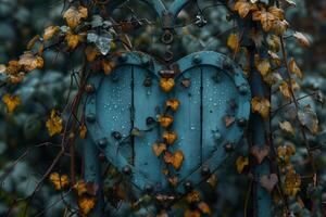Rustic Heart-Shaped Metal Gate Adorned with Autumn Vines in a Rainy Garden photo