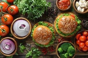 Fresh Ingredients and Delicious Burgers with Tomatoes and Herbs for Healthy Meal Prep photo
