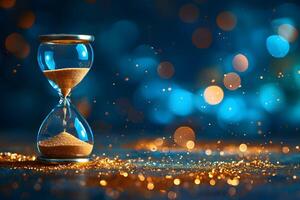 Time and Transience Concept with Hourglass and Glittering Bokeh for Design and Poster photo