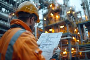 Engineer Analyzing Blueprints in Industrial Refinery Facility for Precision Planning photo