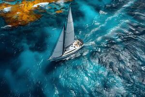 Aerial View of Sailboat Navigating Turquoise Waters Near Coastal Reefs photo