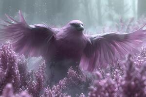 Majestic Fantasy Bird Soaring in Misty Lavender Field - Enchanting Nature Scene for Design photo