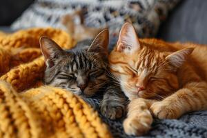 Cozy Autumn Relaxation Two Cats Resting Comfortably on Knit Blankets photo