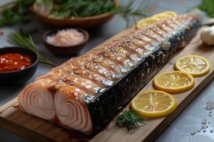 Fresh Smoked Salmon with Lemon and Herbs for Gourmet Cooking and Presentation photo