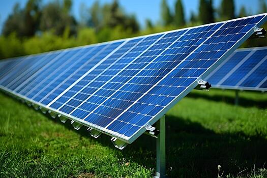 Solar Energy Panel Installation on Green Field for Sustainable Power Generation photo