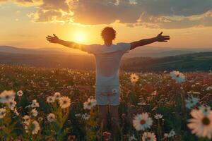 Summer Serenity Embracing Nature at Sunset in a Daisy Field Landscape photo