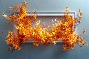 Fiery Art Frame Dynamic Flames Erupting from a Picture Frame on Blue Wall photo
