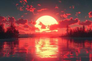 Surreal Sunset Landscape with Red Clouds and Reflective Lake Tranquility photo