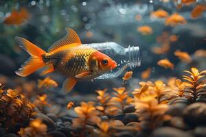 Goldfish Navigating Through a Plastic Bottle in an Aquatic Environment photo