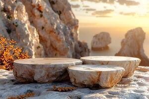 Natural Stone Platforms by the Sea at Sunset Coastal Serenity for Relaxation and Design Inspiration photo