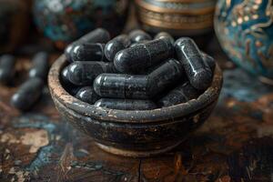 Black Capsules in Rustic Wooden Bowl for Traditional Herbal Remedies photo