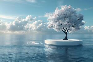 Serene Minimalist Scene with Blooming Tree on Floating Platform in Tranquil Ocean photo