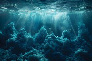 Mysterious Underwater Scene with Sunlight Rays Through Ocean Waves photo