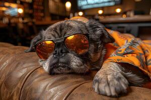 Relaxed Dog in Sunglasses and Hawaiian Shirt Lounging in Cozy Cafe Setting photo