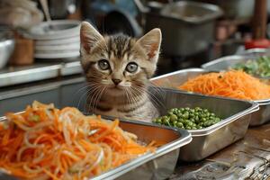 Curious Kitten in a Kitchen with Fresh Vegetables for Authentic Culinary Scene photo