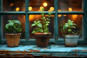 Cozy Indoor Herb Garden with Potted Basil Plants by Rustic Window photo