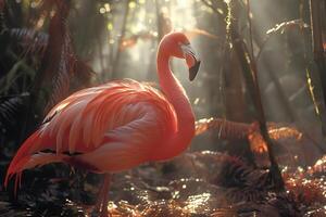 Elegant Flamingo in Lush Tropical Forest with Sunlit Rays - Nature Photography photo