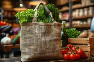 Eco-Friendly Grocery Shopping with Fresh Produce in a Rustic Market Setting photo