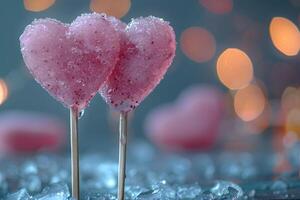 Heart-Shaped Valentine's Day Lollipops with Romantic Bokeh Background for Festive Design photo