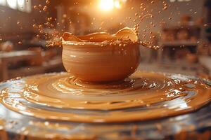 Splash of Creativity Dynamic Pottery Making with Clay Swirl in Warm Lighting photo