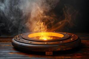 Mysterious Glowing Cauldron with Steaming Mist on Rustic Wooden Surface photo