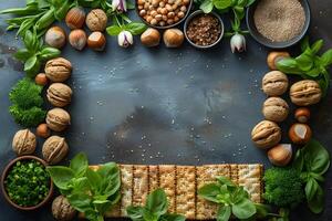 Healthy Frame Layout with Nuts, Seeds, and Fresh Herbs for Culinary Inspiration photo