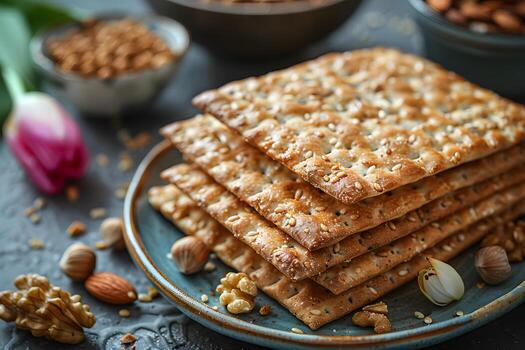 Stack of Crunchy Seeded Crackers with Nuts and Tulip for Gourmet Snack Presentation photo