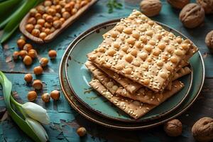 Gourmet Nutty Crispbread Set on Rustic Ceramic Plate with Fresh Tulips and Walnuts photo