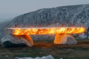Mystical Glowing Stone Bench in a Rocky Landscape for Fantasy Design photo