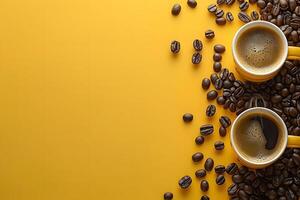 Coffee Lovers' Delight Two Cups with Beans on Yellow Background for Cafe Decor or Branding photo