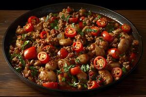 Spicy Sausage and Tomato Stew in Cast Iron Skillet for Hearty Meal Inspiration photo