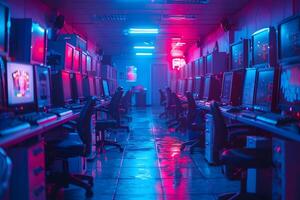 Neon-Lit Modern Gaming Cafe Interior with Rows of High-Tech Computers photo