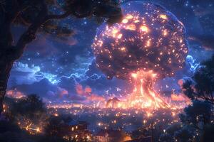Surreal Nighttime Explosion Over Cityscape with Illuminated Clouds and Mountains photo