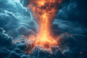 Volcanic Eruption with Fiery Lava Flowing Amidst Dark Stormy Skies photo