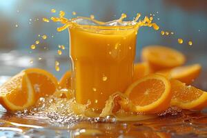 Refreshing Splash of Orange Juice with Sliced Oranges for Summer Beverage Concept photo