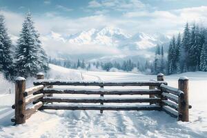 Winter Wonderland Landscape with Snow-Covered Mountains and Wooden Fence photo