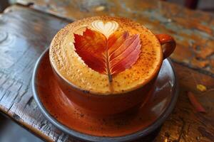 Autumn Coffee Art with Heart Latte Design in a Rustic Cafe Setting photo