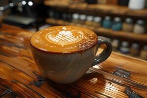 Artisan Latte Art Coffee in Speckled Mug on Rustic Wooden Table - Perfect for Cafe Decor and Social Media photo