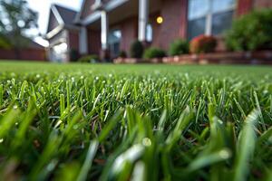 Vibrant Green Lawn in Front of Suburban Brick House for Home and Garden Inspiration photo