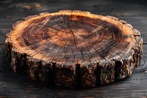 Rustic Wooden Tree Slice on Dark Background for Nature-Themed Designs photo