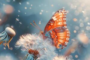 Butterfly on Dandelion with Soft Bokeh and Dreamy Light for Nature Photography photo