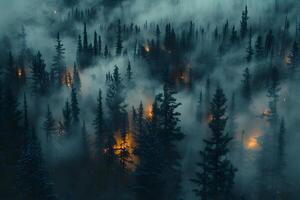 Mysterious Forest Fire in Foggy Landscape - Nature's Untamed Power photo