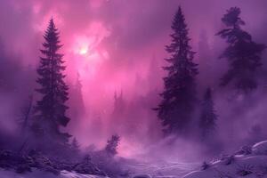 Mystical Pink Forest at Twilight with Snow and Fog - Fantasy Landscape for Artwork or Posters photo