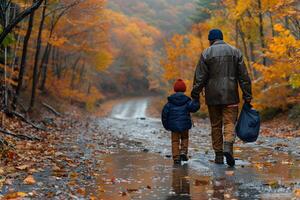 Father and Son Exploring a Scenic Autumn Forest Path photo