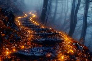 Enchanted Pathway Illuminated by Magical Forest Lights in Autumn Mist photo