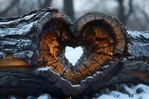 Heart-Shaped Hollow in Weathered Wood Log Symbolizing Love and Nature's Artistry photo