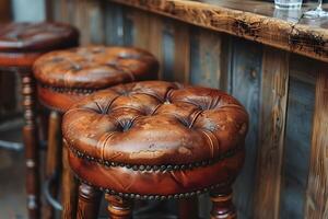 Rustic Charm of Leather Bar Stools in Cozy Pub Setting for Interior Design and Hospitality photo