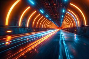 Futuristic Neon Light Tunnel with Dynamic Motion Blur for Modern Design Concepts photo