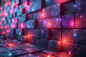 Futuristic Digital Cube Matrix with Vivid Neon Lights for Tech Design photo