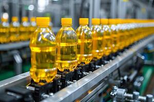 Automated Bottling Line with Yellow Plastic Bottles in a Factory Setting photo